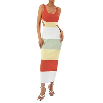 NUFIWI Print Knit Bodycon Dress for Women Y2K Hollow Out Midi Dresses Sleeveless 2022 Summer Beach D...