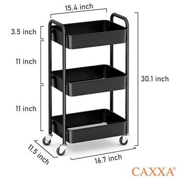 CAXXA 3-Tier Rolling Metal Storage Organizer - Mobile Utility Cart, Kitchen Cart with Caster Wheels ...