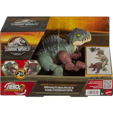Mattel Jurassic World Fierce Changers 2-in-1 Dinosaur Action Figure, Massive Stretch Toy Transforms from Nasutoceratops to Giganotosaurus in 16 Steps