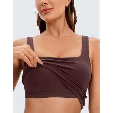 CRZ YOGA Butterluxe Womens Square Neck Longline Sports Bra - Workout Crop Tank Tops Padded with Built in Shelf Yoga Bra Taupe Medium