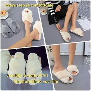 LZLER Women Fuzzy Fluffy Furry Slippers Fur Flip Flop Open Toe Slippers Cross Band Shoes Slides for Ladies House Home Indoor Outdoor(Beige,7)