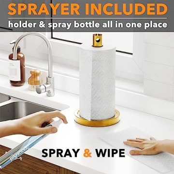 SpaceAid 2 in 1 Paper Towel Holder with Spray Bottle, Countertop Paper Towels Holders Stand with Sprayer Inside Center, Under Cabinet Papertowels Roller for Kitchen and Bathroom (Gold)