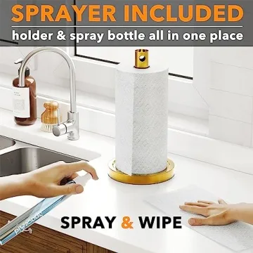 SpaceAid 2 in 1 Paper Towel Holder with Spray Bottle, Countertop Paper Towels Holders Stand with Sprayer Inside Center, Under Cabinet Papertowels Roller for Kitchen and Bathroom (Gold)