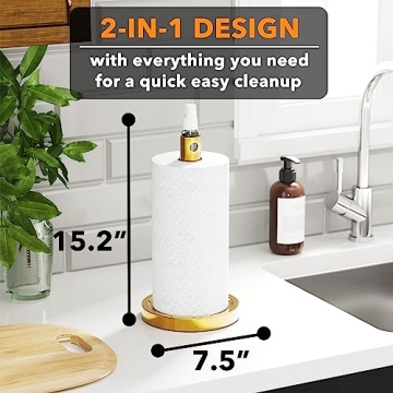 SpaceAid 2 in 1 Paper Towel Holder with Spray Bottle, Countertop Paper Towels Holders Stand with Sprayer Inside Center, Under Cabinet Papertowels Roller for Kitchen and Bathroom (Gold)