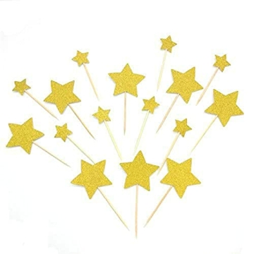 Heamarty 40 Pcs Twinkle Gold Star Cupcake Toppers DIY Glitter Mini Birthday Cake Snack Decorations P...