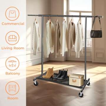 Fishat 63" H Heavy Duty Simple Black Rolling Clothing Garment Rack, Metal Hanging Clothes Organizer ...