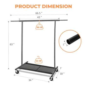 Fishat 63" H Heavy Duty Simple Black Rolling Clothing Garment Rack, Metal Hanging Clothes Organizer with Lockable Wheels, Bottom Shelves for Shoes Organization, Dorm Bedroom Home Balcony, with 2 Hook