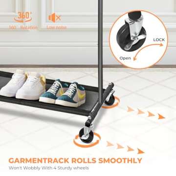 Fishat 63" H Heavy Duty Simple Black Rolling Clothing Garment Rack, Metal Hanging Clothes Organizer with Lockable Wheels, Bottom Shelves for Shoes Organization, Dorm Bedroom Home Balcony, with 2 Hook