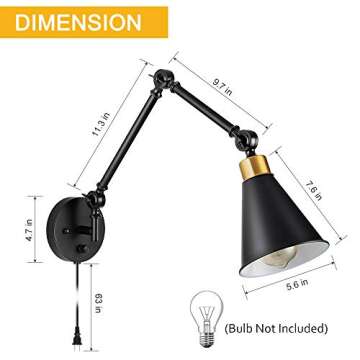 ETELI Plug in Wall Sconce Set of 2 Gold Industrial Swing Arm Wall Lamp, Adjustable Sconce with Dimmable Lighting, Hardwire or Plug-in, Vintage Light Fixture for Bedroom, Bedside, Bathroom and Reading