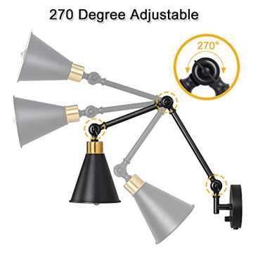 ETELI Plug in Wall Sconce Set of 2 Gold Industrial Swing Arm Wall Lamp, Adjustable Sconce with Dimmable Lighting, Hardwire or Plug-in, Vintage Light Fixture for Bedroom, Bedside, Bathroom and Reading