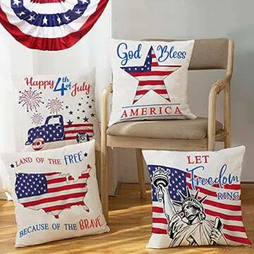 4th of July Pillow Covers Set of 4 for Patriotic Decor