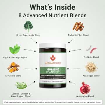 ACTIVATEDYOU Morning Complete Daily Wellness Greens Superfood Drink Mix for Gut Health w/Prebiotics, Probiotics, Antioxidants, Green Superfoods, 10 Billion CFUs, 30 Servings (Apple Cinnamon)