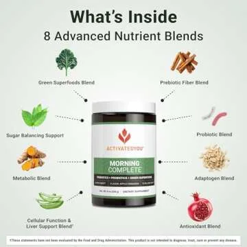 ACTIVATEDYOU Morning Complete Daily Wellness Greens Superfood Drink Mix for Gut Health w/Prebiotics, Probiotics, Antioxidants, Green Superfoods, 10 Billion CFUs, 30 Servings (Apple Cinnamon)