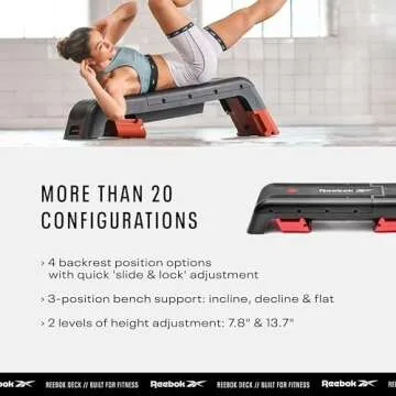 Reebok Adjustable Weight Bench and Workout Deck: Multipurpose Fitness Home Gym Bench for All Types of Training, 20+ Bench Configurations