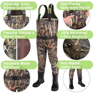 HISEA Kids Chest Waders for Toddler & Children Neoprene Youth Duck Hunting Waders for Kids Boys Girls with Insulated Boots