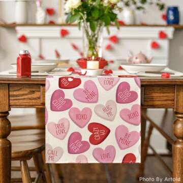 Artoid Mode Pink Ture Love Heart Valentine's Day Table Runner, Seasonal Kitchen Dining Table Decorat...