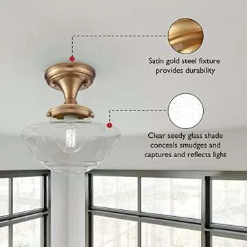 Design House 588491 Schoolhouse Semi Flush Mount Modern Vintage Farmhouse Indoor Dimmable Ceiling Light with Clear Seedy Glass for Entryway Hallway Kitchen Hallway Bedroom, Satin Gold