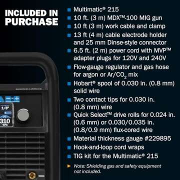 Miller Multimatic 215 Multiprocess Welder with TIG Kit - Multi-Process MIG, DC Stick, DC TIG & Flux Core Welding Engine Machine - Compatible MIG Welder Machine with Multi-Voltage Plug for 120V&240V
