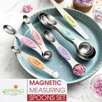 Spring Chef Stainless Steel Magnetic Measuring Spoons Set of 8 with Leveler, Metal Teaspoon & Tablespoon Measuring Spoons for Dry and Liquid Ingredients, Kitchen Gadgets for Baking & Cooking - Pastel