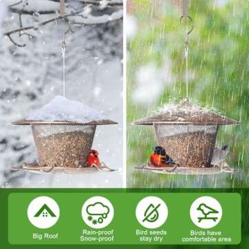 Samhe Bird Feeder for Outdoor Squirrel Proof Weatherproof All Metal Hanging Wild Bird Feeder with 9.8" Roof, 3 LBs Seeds Capacity, Garden Yard Decoration