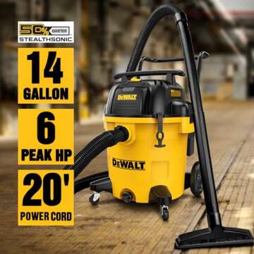 DEWALT DXV14P Shop Vacuum Wet/Dry 14 Gallon, 6 HP Wet/Dry Vac with 110 CFM Powerful Scution, Yellow