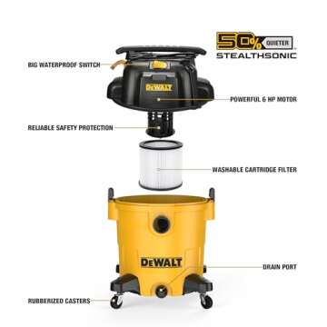 DEWALT DXV14P Shop Vacuum Wet/Dry 14 Gallon, 6 HP Wet/Dry Vac with 110 CFM Powerful Scution, Yellow