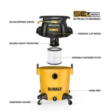 DEWALT DXV14P Shop Vacuum Wet/Dry 14 Gallon, 6 HP Wet/Dry Vac with 110 CFM Powerful Scution, Yellow