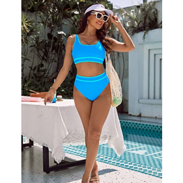 BMJL Women's High Waisted Bikini Sets Sporty Two Piece Swimsuits Color Block Cheeky High Cut Bathing Suits(M,Blue)