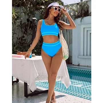 BMJL Women's High Waisted Bikini Sets Sporty Two Piece Swimsuits Color Block Cheeky High Cut Bathing Suits(M,Blue)