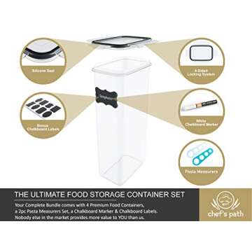 Chef's Path Airtight Food Storage Containers (Set of 4, 2.8L) - Tall for Pantry & Kitchen Organization, Pasta, Spaghetti, Noodles, Cereal - Lids, Noodle Measure and Reusable Labels Included
