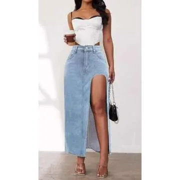 Trendy CHARTOU Women's High Split Denim Skirt Light Blue