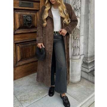 Sexyshine Women's Faux Suede Long Trench Coat Notched Lapel Double Breasted Overcoat Brown Suede Jacket with Belt(27296BR,S)