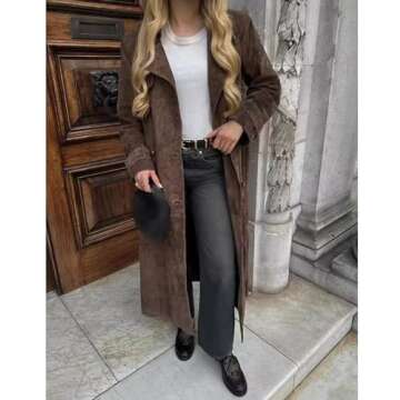 Sexyshine Women's Faux Suede Long Trench Coat Notched Lapel Double Breasted Overcoat Brown Suede Jacket with Belt(27296BR,S)