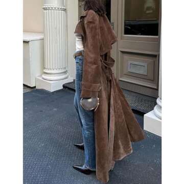 Sexyshine Women's Faux Suede Long Trench Coat Notched Lapel Double Breasted Overcoat Brown Suede Jacket with Belt(27296BR,S)