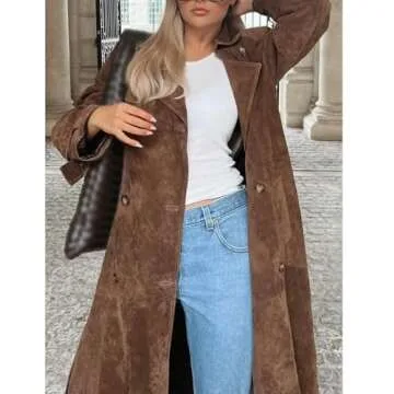 Sexyshine Women's Faux Suede Long Trench Coat Notched Lapel Double Breasted Overcoat Brown Suede Jacket with Belt(27296BR,S)