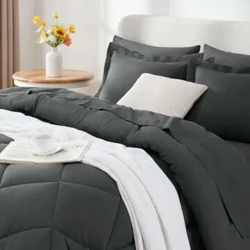CozyLux Queen Comforter Set Dark Grey - Bed in a Bag Queen Size 7 Pieces, Luxury Soft Bed Set for All Seasons, Bedding Set with Down Alternative Comforter, Sheets, Pillowcases & Shams