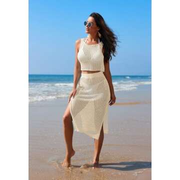 Sovoyontee Women's 2 Piece Swimsuit Cover Up Crochet Sleeveless Crop Top Skirt Sets Beach Dress Swim Coverups Ivory M