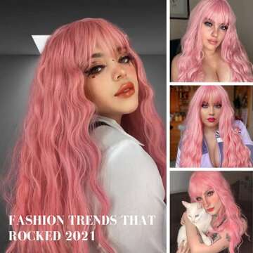 Amazing Long Wavy Pink Wig with Bangs for Women