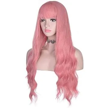Amazing Long Wavy Pink Wig with Bangs for Women