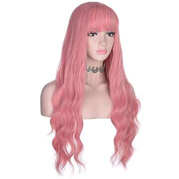 Amazing Long Wavy Pink Wig with Bangs for Women