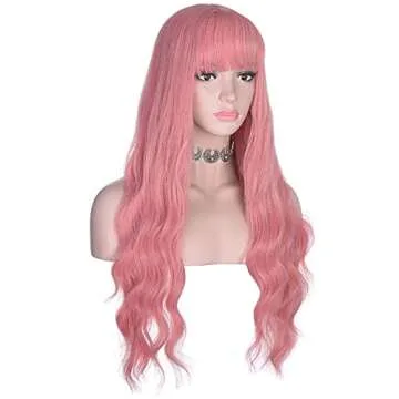 Amazing Long Wavy Pink Wig with Bangs for Women
