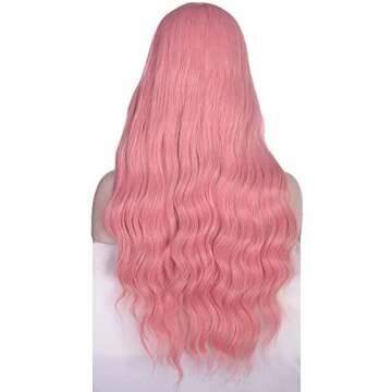Amazing Long Wavy Pink Wig with Bangs for Women
