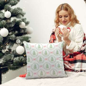 Nvotell Coquette Christmas Pillow Covers - Pink Christmas Tree Pillow Covers 18x18, Pink and Green Christmas Tree Decorations, Pink Coquette Christmas Room Decor