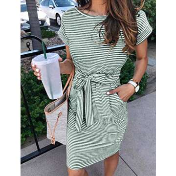 MEROKEETY Women's Summer Striped Short Sleeve T Shirt Dress Casual Tie Waist Midi Dress, Olive, XL