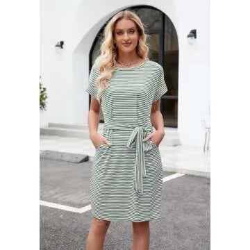 MEROKEETY Women's Summer Striped Short Sleeve T Shirt Dress Casual Tie Waist Midi Dress, Olive, XL