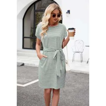 MEROKEETY Women's Summer Striped Short Sleeve T Shirt Dress Casual Tie Waist Midi Dress, Olive, XL