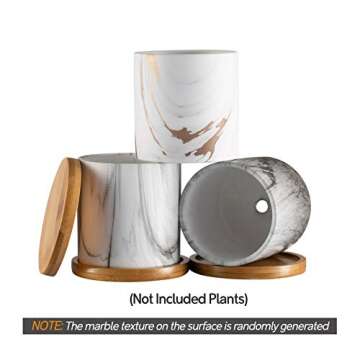 Dsben 3.2 Inch Succulent Plant Pots, Small Marble Pattern Ceramic Flower Planter Indoor with Bamboo Tray for Cactus Herb Home, Set of 3 (Plants Not Included)