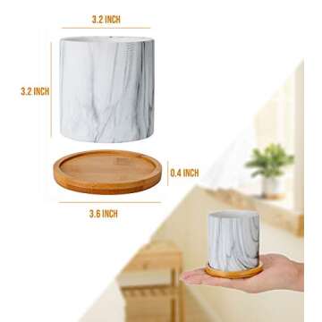 Dsben 3.2 Inch Succulent Plant Pots, Small Marble Pattern Ceramic Flower Planter Indoor with Bamboo Tray for Cactus Herb Home, Set of 3 (Plants Not Included)