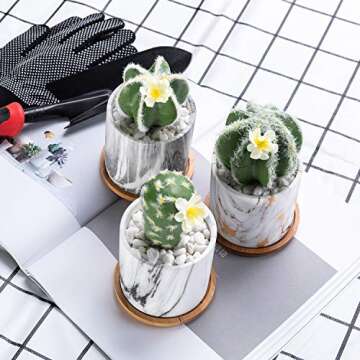 Dsben 3.2 Inch Succulent Plant Pots, Small Marble Pattern Ceramic Flower Planter Indoor with Bamboo Tray for Cactus Herb Home, Set of 3 (Plants Not Included)
