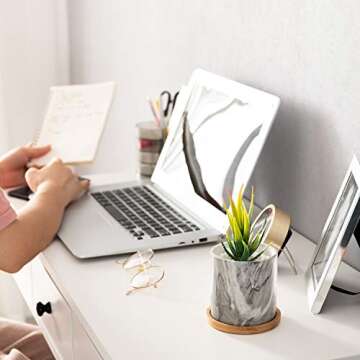 Dsben 3.2 Inch Succulent Plant Pots, Small Marble Pattern Ceramic Flower Planter Indoor with Bamboo Tray for Cactus Herb Home, Set of 3 (Plants Not Included)